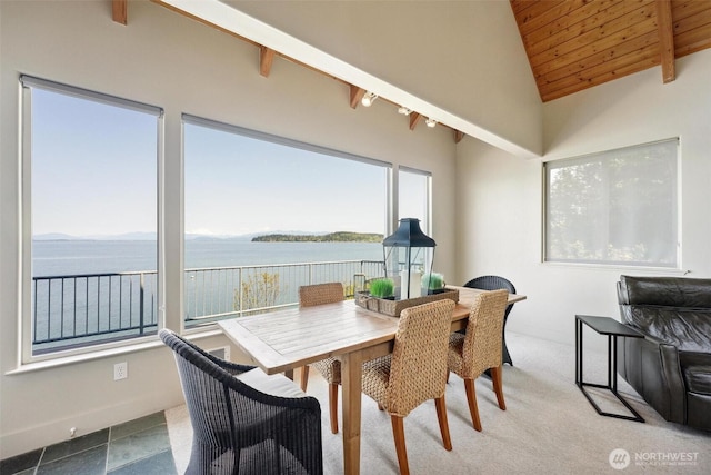 250 Fay Ln, Camano Island, WA 98282 - dining room featuring wooden ceiling, baseboards, beamed ceiling, high vaulted ceiling, and a water view