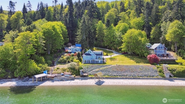 250 Fay Ln, Camano Island, WA 98282 - birds eye view of property with a water view and a wooded view