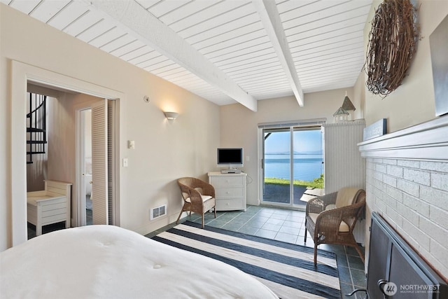 250 Fay Ln, Camano Island, WA 98282 - tiled bedroom with wood ceiling, visible vents, beam ceiling, and access to exterior