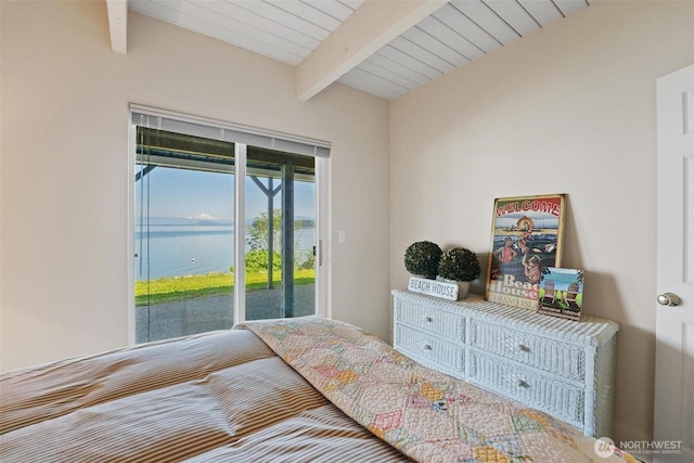250 Fay Ln, Camano Island, WA 98282 - bedroom featuring access to outside, beam ceiling, and a water view