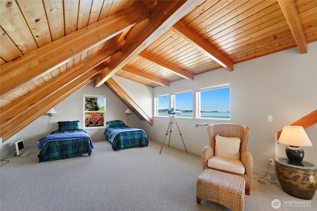 250 Fay Ln, Camano Island, WA 98282 - bedroom featuring wood ceiling, vaulted ceiling with beams, carpet, and a water view