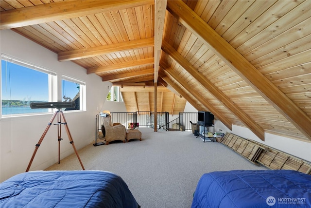250 Fay Ln, Camano Island, WA 98282 - carpeted bedroom with wooden ceiling, lofted ceiling with beams, and multiple windows