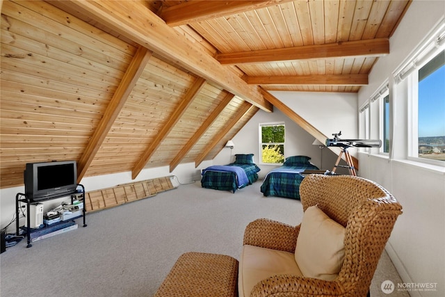 250 Fay Ln, Camano Island, WA 98282 - carpeted bedroom featuring wooden ceiling and vaulted ceiling with beams