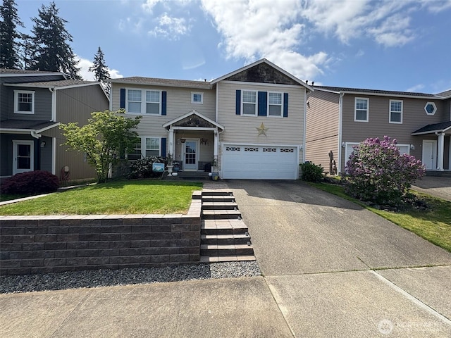 view of front facade with a front yard, an attached garage, and driveway