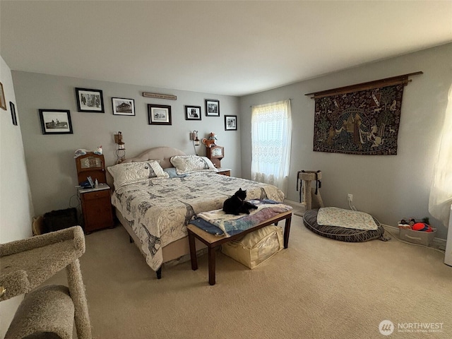 bedroom with light colored carpet