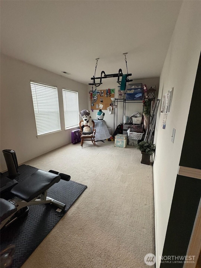 exercise room with carpet floors and visible vents