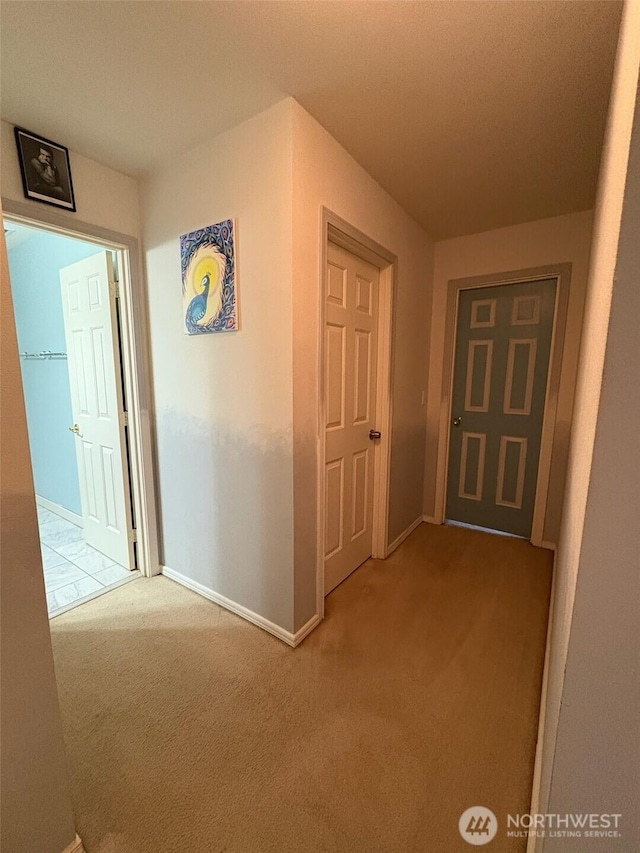 hallway with baseboards and carpet floors