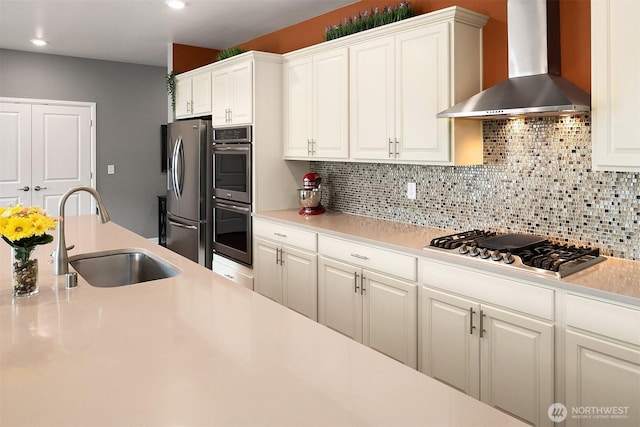 3908 187th Pl SE, Bothell, WA 98012 - kitchen with wall chimney exhaust hood, a sink, appliances with stainless steel finishes, white cabinets, and backsplash