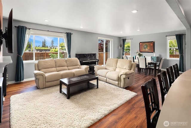 3908 187th Pl SE, Bothell, WA 98012 - living room featuring dark wood-style floors, recessed lighting, and baseboards