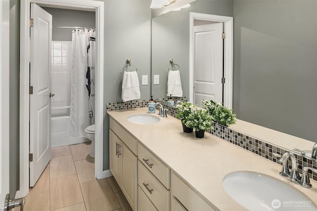 3908 187th Pl SE, Bothell, WA 98012 - bathroom with double vanity, toilet, tile patterned flooring, tasteful backsplash, and shower / bathtub combination with curtain