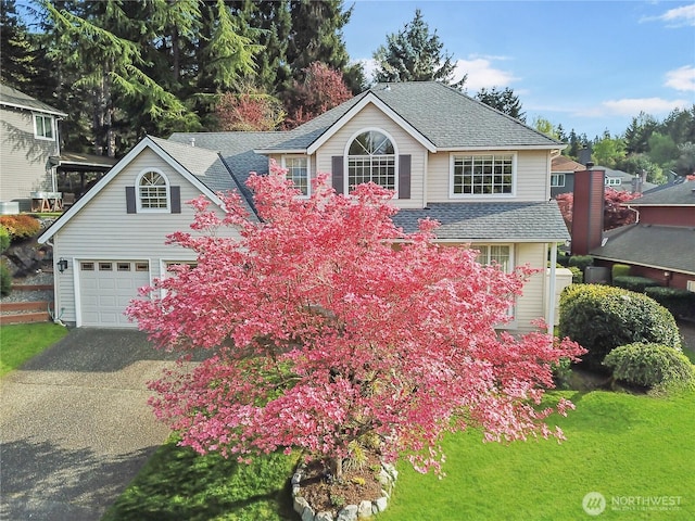 colonial home featuring an attached garage, roof with shingles, and driveway