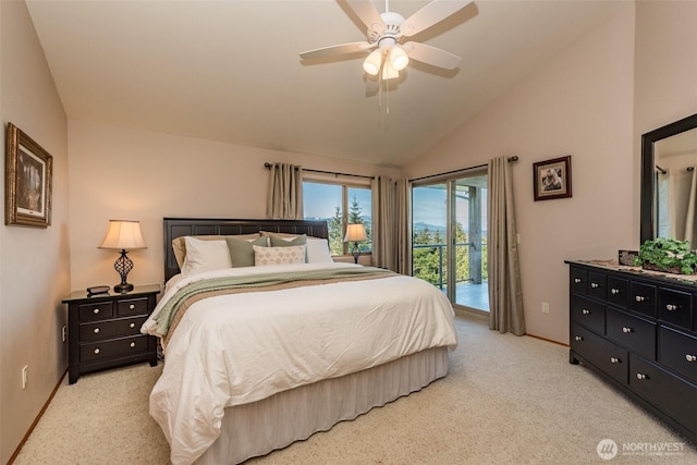 1573 Doe Run Rd, Sequim, WA 98382 - bedroom featuring lofted ceiling, baseboards, access to outside, and light colored carpet