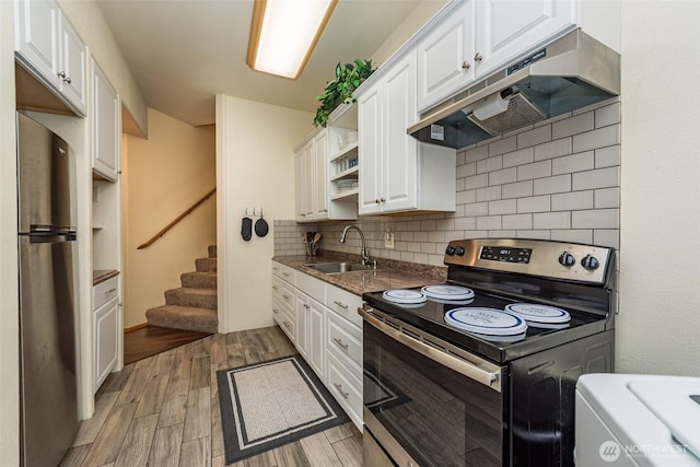 1573 Doe Run Rd, Sequim, WA 98382 - kitchen with stainless steel appliances, a sink, white cabinetry, open shelves, and under cabinet range hood