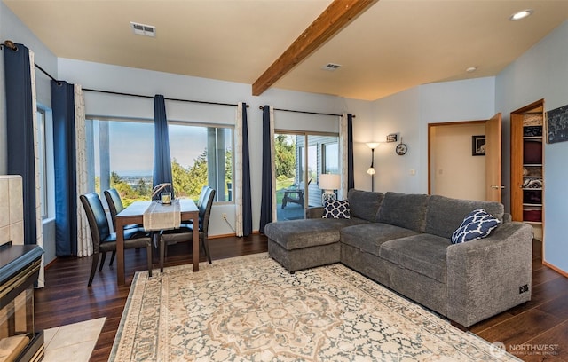1573 Doe Run Rd, Sequim, WA 98382 - living room featuring beam ceiling, wood finished floors, visible vents, and recessed lighting