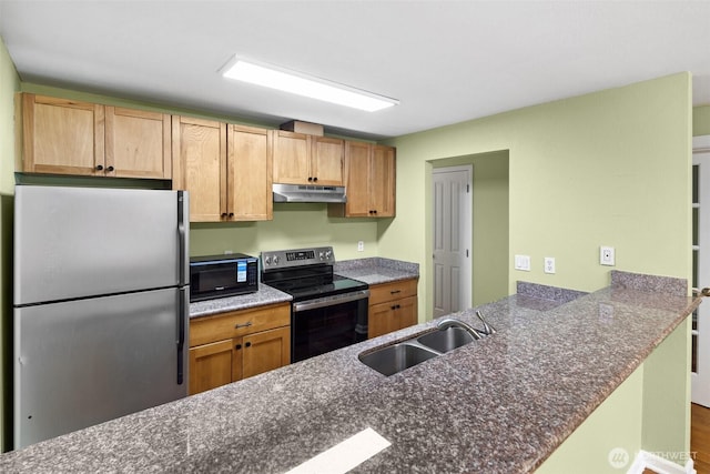 kitchen with appliances with stainless steel finishes, a sink, dark stone counters, a peninsula, and under cabinet range hood