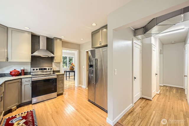 kitchen with gray cabinets, appliances with stainless steel finishes, light wood finished floors, and wall chimney exhaust hood