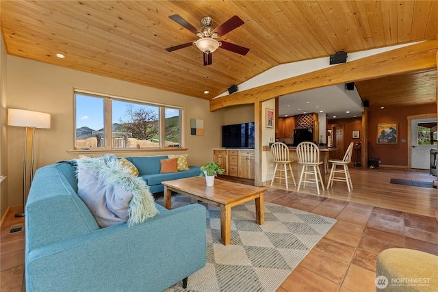 40 Rolling Rock Rd, Winthrop, WA 98862 - living room featuring healthy amount of natural light, tile patterned flooring, wood ceiling, lofted ceiling, and ceiling fan