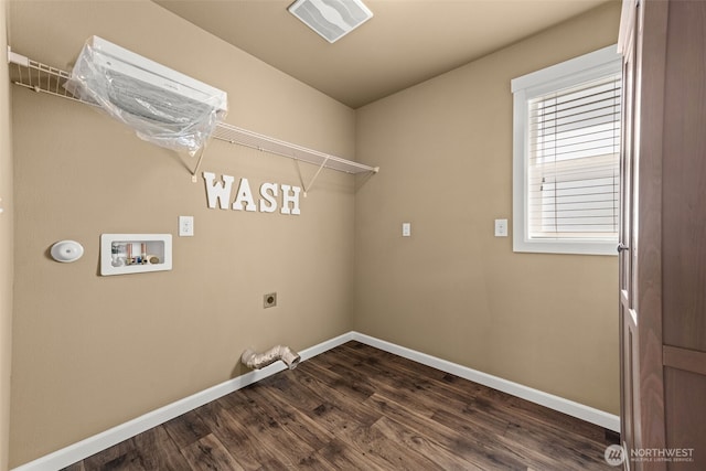 laundry area featuring washer hookup, laundry area, electric dryer hookup, baseboards, and dark wood-type flooring