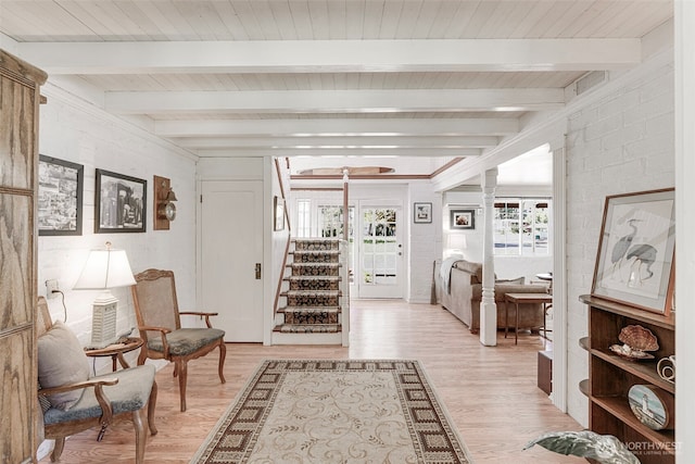 1506 163rd Pl, Long Beach, WA 98631 - hall featuring light wood-style flooring, stairs, plenty of natural light, and beam ceiling