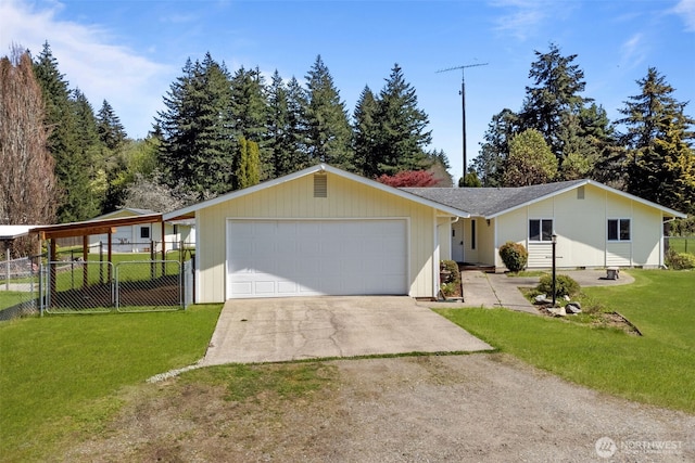 ranch-style house featuring concrete driveway, an attached garage, fence, and a front yard