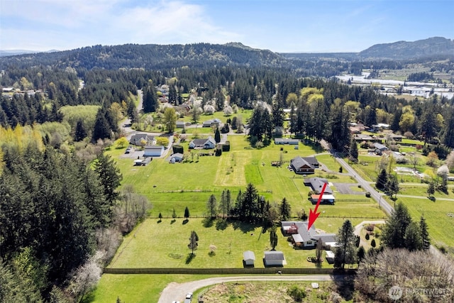 drone / aerial view featuring a mountain view