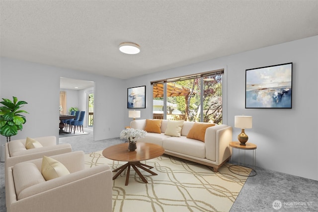 carpeted living area featuring a healthy amount of sunlight and a textured ceiling