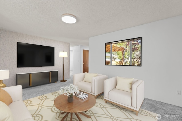 living room with a textured ceiling and carpet