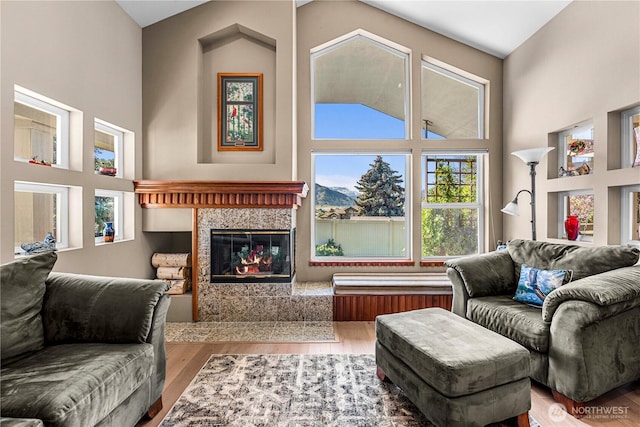 living area featuring high vaulted ceiling, a fireplace, wood finished floors, and plenty of natural light