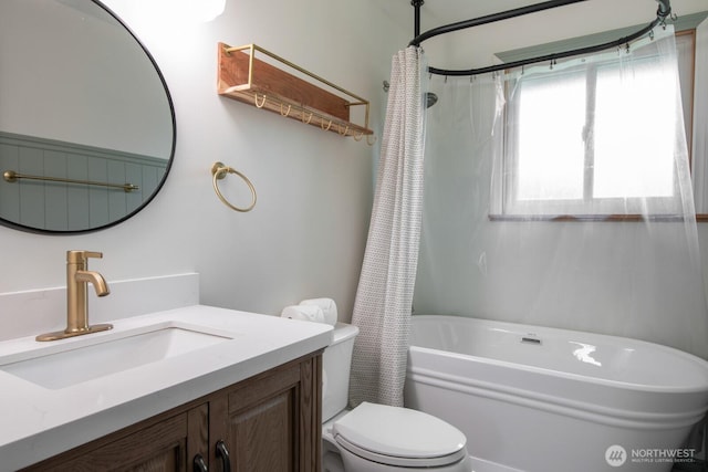 bathroom with vanity, toilet, and shower / tub combo