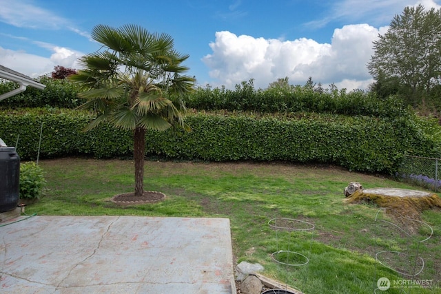 view of yard featuring fence and a patio area