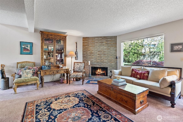 1123 N Whitman, Tacoma, WA 98406 - living room featuring carpet floors, a textured ceiling, and a brick fireplace