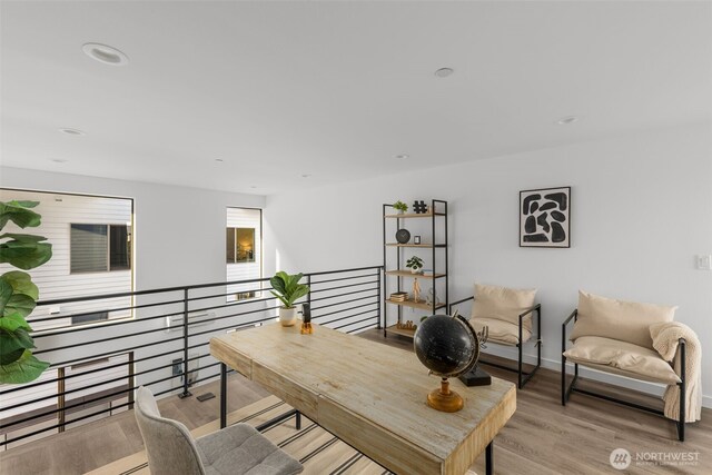 office with wood finished floors, recessed lighting, and baseboards