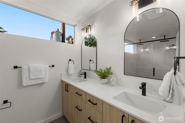 full bathroom with a shower stall, healthy amount of natural light, and double vanity