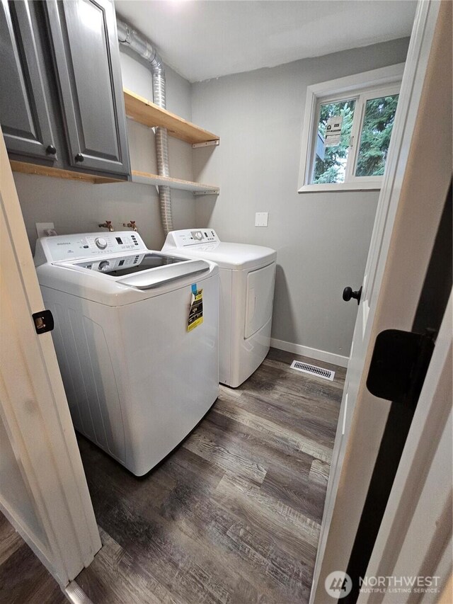 16738 2nd Ave NE, Shoreline, WA 98155 - laundry room featuring cabinet space, washer and clothes dryer, dark wood-style flooring, and baseboards