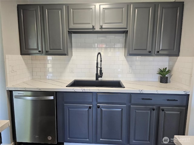 16738 2nd Ave NE, Shoreline, WA 98155 - kitchen featuring dishwasher, a sink, decorative backsplash, and light stone countertops