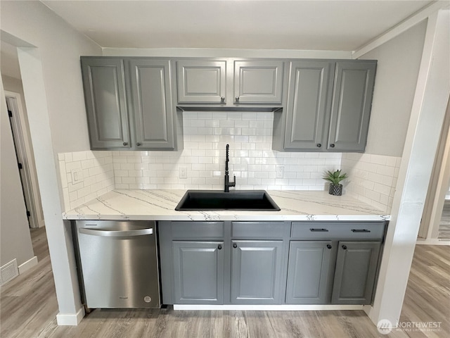 16738 2nd Ave NE, Shoreline, WA 98155 - kitchen with dishwasher, gray cabinetry, and light wood-style floors