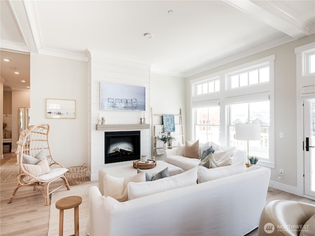 204 Market St Unit A, Pacific Beach, WA 98571 - living area with light wood-style floors, ornamental molding, baseboards, and a large fireplace