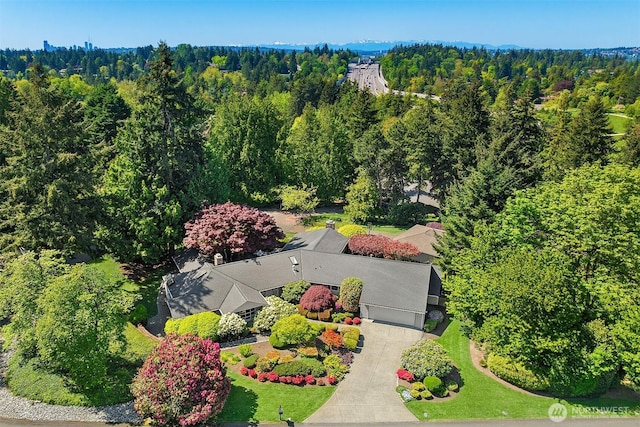 birds eye view of property featuring a forest view