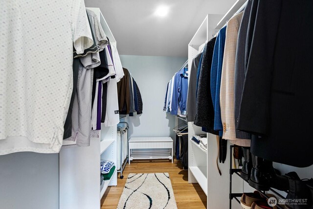 walk in closet with light wood-style flooring
