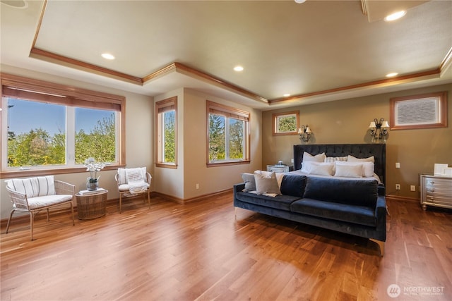 8131 116th Ave NE, Kirkland, WA 98033 - bedroom with baseboards, recessed lighting, a tray ceiling, and wood finished floors