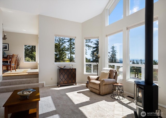 sunroom with baseboards, a wood stove, and a healthy amount of sunlight