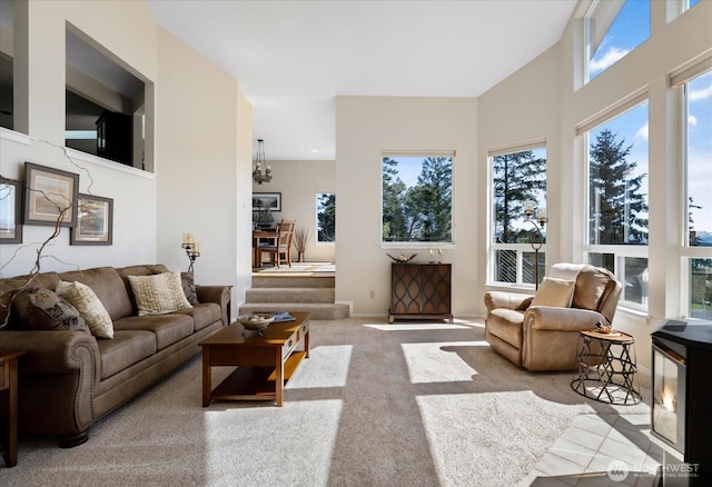 tiled living room with a towering ceiling