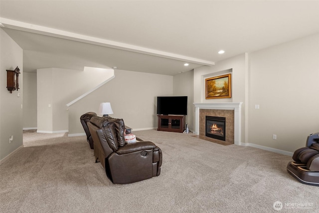 living room featuring carpet, recessed lighting, a fireplace, baseboards, and beam ceiling