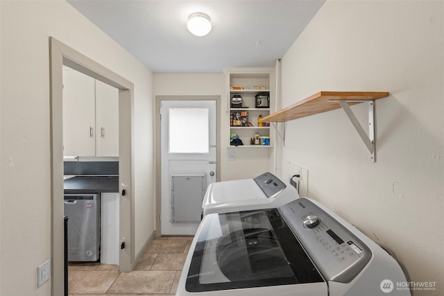 1921 N Stevens St, Tacoma, WA 98406 - clothes washing area with light tile patterned floors, laundry area, and washer and clothes dryer