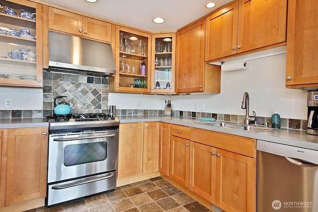 kitchen with a sink, stainless steel appliances, recessed lighting, decorative backsplash, and under cabinet range hood