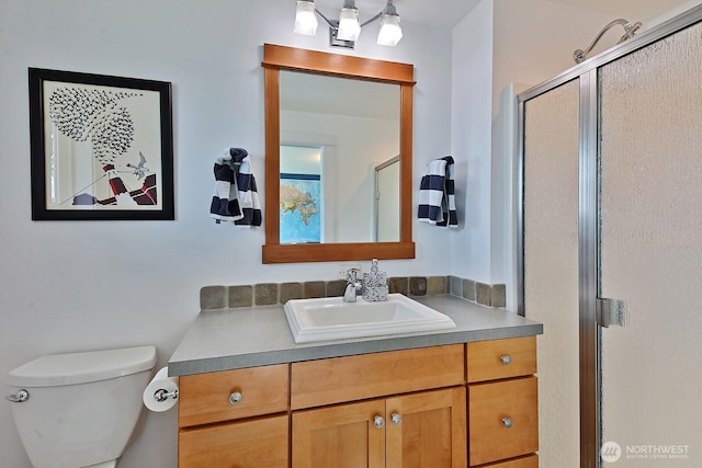 bathroom featuring vanity, a shower stall, and toilet