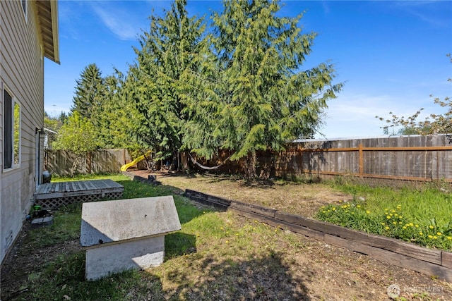 view of yard featuring a fenced backyard and a deck