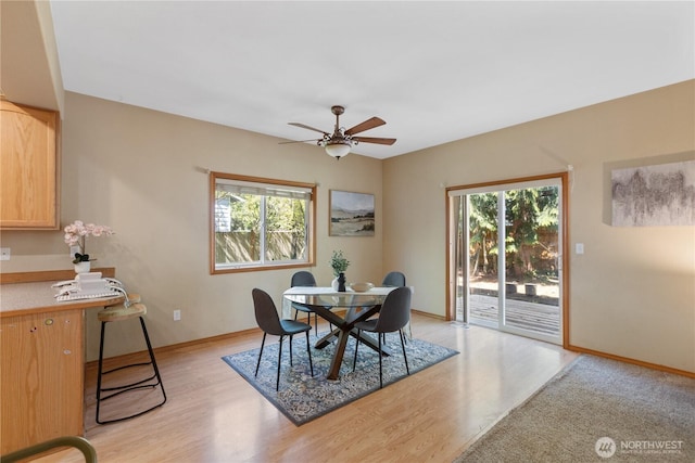 dining room featuring plenty of natural light, a ceiling fan, and light wood-style flooring