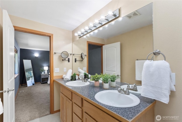 bathroom featuring visible vents, a sink, and double vanity