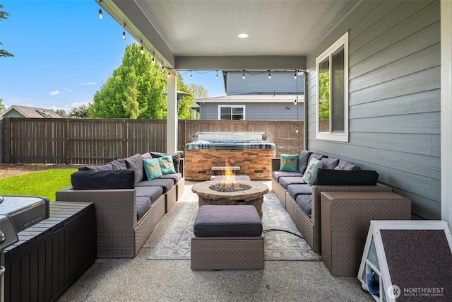 8852 N 5th St, Ridgefield, WA 98642 - view of patio / terrace featuring an outdoor living space with a fire pit and a fenced backyard